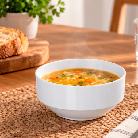 A tigela empilhável em PC branca 35cl garante contacto alimentar seguro e cumpre normas europeias.