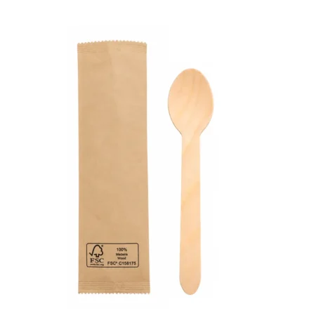 Colher de madeira de 16 cm e guardanapo, embalado individualmente em papel castanho FSC