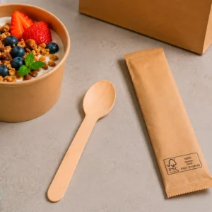 Colher de madeira de 16 cm e guardanapo, embalado individualmente em papel castanho FSC