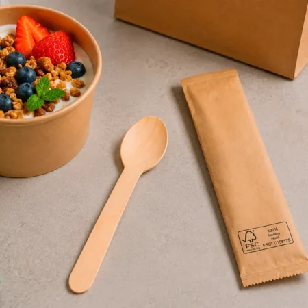 Colher de madeira de 16 cm e guardanapo, embalado individualmente em papel castanho FSC