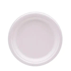 Prato em fibra de cana de açúcar branco com 17cm de diâmetro, ideal para eventos, restauração e utilização sustentável. Produto reciclável e ecológico.