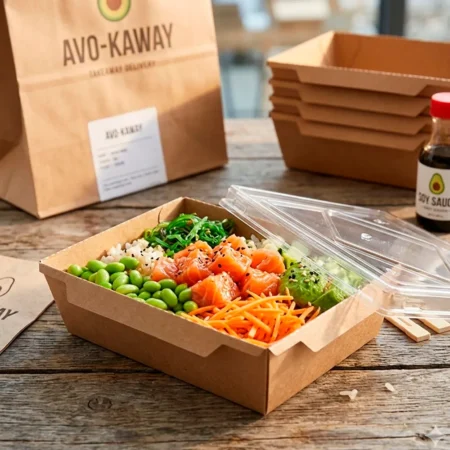caixa kraft takeaway 70cl com tampa PET reutilizável e ecológica da Copopalhinhas