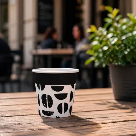 O copo de papel Java, com capacidade de 12cl (120ml) e tons de preto e branco, destaca-se pela sua funcionalidade e pelo cumprimento das normas de contacto com alimentos.