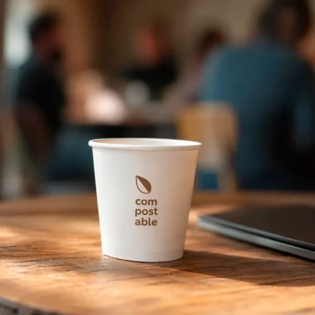 O copo de papel “Compostable” branco, com capacidade de 12cl (120ml), destaca-se pela sua funcionalidade e pelo cumprimento das normas de contacto com alimentos.