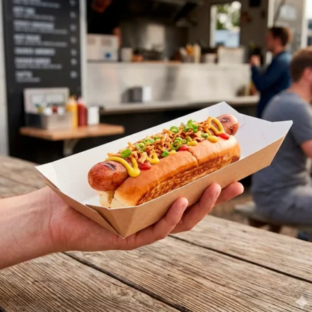 Produto sustentável Barqueta Hot Dog em Cartão Nano-Micro da Copopalhinhas para eventos e restauração