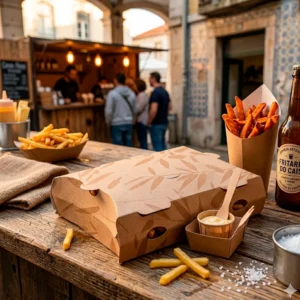 Produto sustentável caixa em cartão nano-micro para comida frita da Copopalhinhas para eventos e restauração