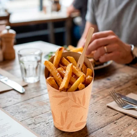 Produto sustentável copo em cartolina castanha para batata frita 270ml da Copopalhinhas para eventos e restauração