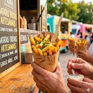Produto sustentável copo em cartolina castanha para batata frita 480ml da Copopalhinhas para eventos e restauração