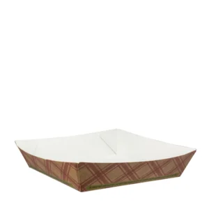 Produto sustentável barqueta xadrez em cartão da Copopalhinhas para eventos e restauração