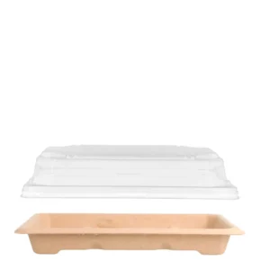 Produto sustentável caixa em bagaço natural 16,5x11,5x1,5 cm com tampa OPS para sushi da Copopalhinhas para eventos e restauração