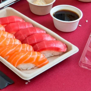 Detalhe da caixa em bagaço natural 16,5x11,5x1,5 cm com tampa OPS para sushi Copopalhinhas feita com materiais amigos do ambiente