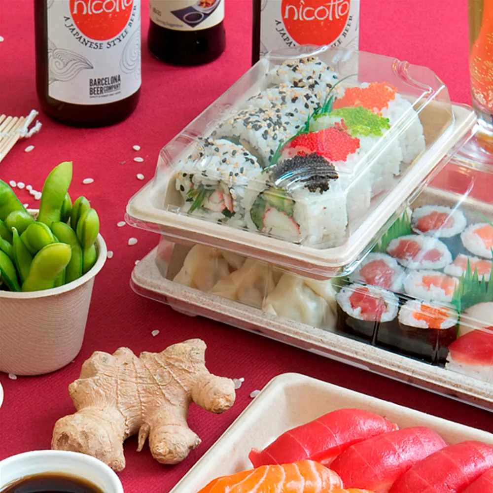 Produto sustentável caixa em bagaço natural 16,5x11,5x1,5 cm com tampa OPS para sushi da Copopalhinhas para eventos e restauração