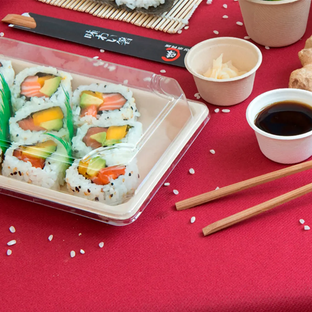 caixa em bagaço natural com tampa OPS para sushi reutilizável e ecológica da Copopalhinhas