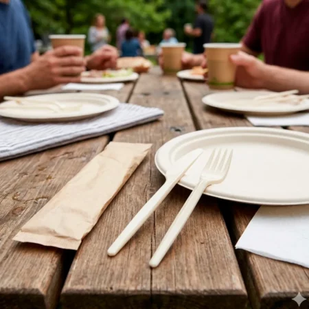 Kit garfo faca reutilizáveis com guardanapo em saqueta de papel, selado em embalagem individual. Higiene, rapidez e apresentação eco-friendly para take-away e eventos.