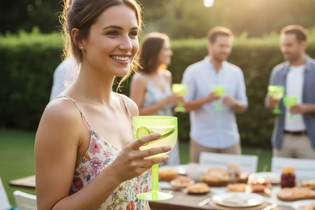 Mulher sorridente em convívio ao ar livre segurando copo reutilizável CopoPalhinhas, ideal para festas e eventos sustentáveis