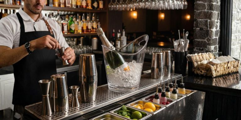 Equipamento para bar profissional organizado num balcão de bar